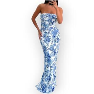 Commense Strapless Blue & White Floral Maxi Dress - Summer Elegance NWT